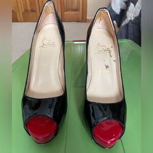 Black and Red Patent Peep Toe Heels